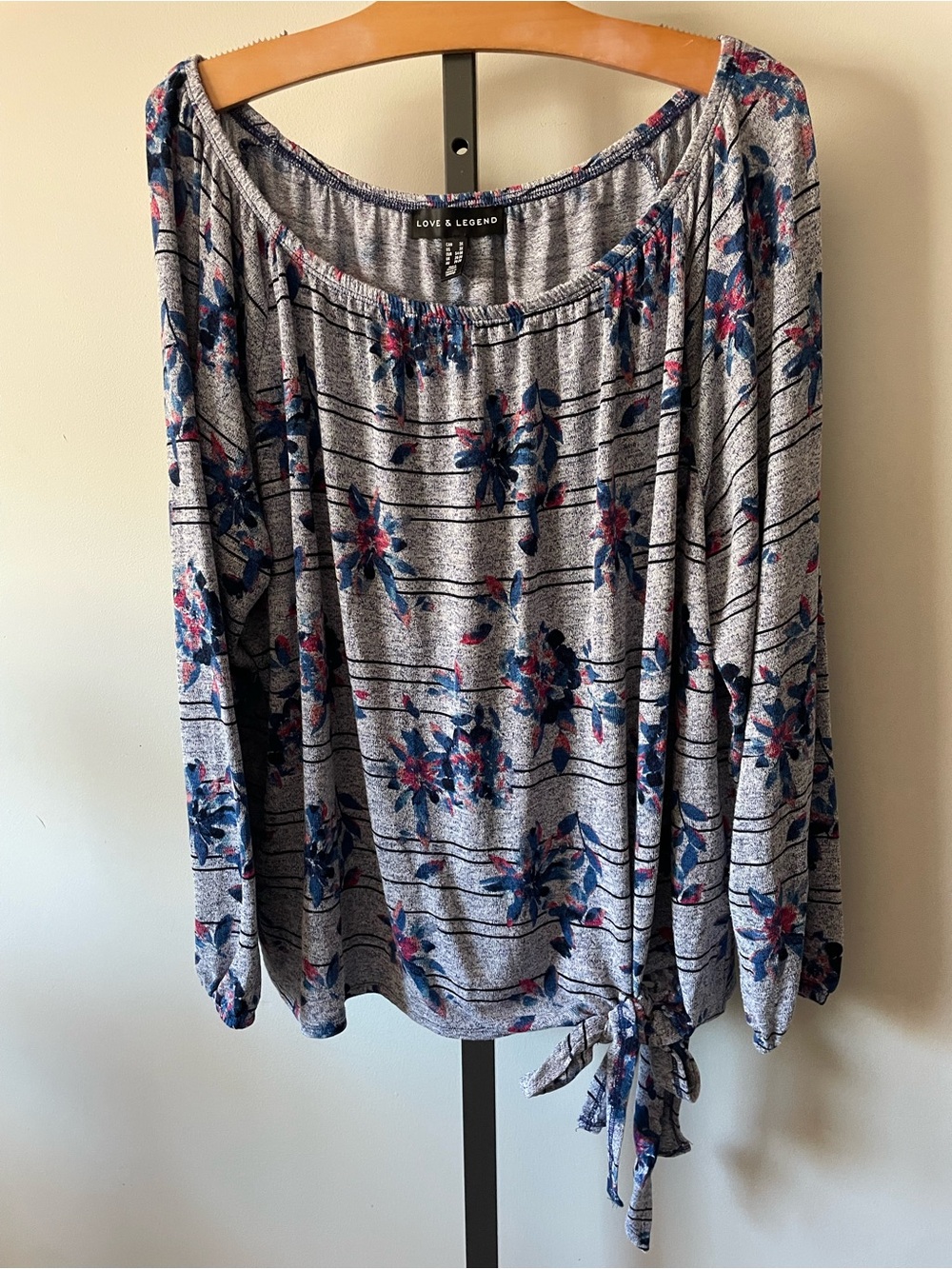 Love & Legend Floral Front Tie Long Sleeve Blouse Top Grey Plus Size 3X
